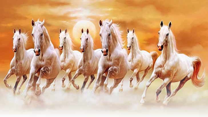 Premium AI Image | Sunrise wallpaper with white seven horse runing for  living room