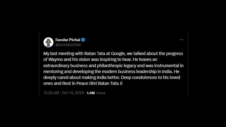 Google CEO Sundar Pichai said on Ratan Tata Death